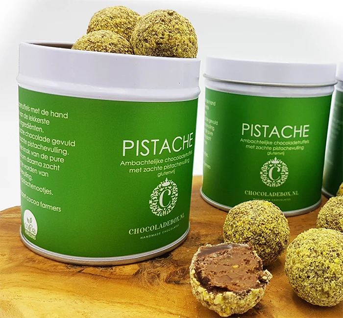 Pistachetruffels in blik - Chocoladebox special. (vanaf 10 stuks)