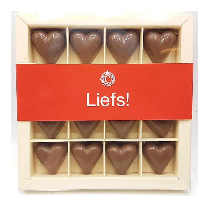 Chocoladehartjes "Liefs" – 16 Massieve Melkchocolade Hartjes