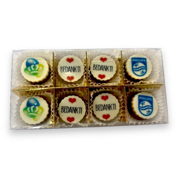 8 Ambachtelijke Bonbons met Logo in Transparante Verpakking (Vanaf 10 Stuks)