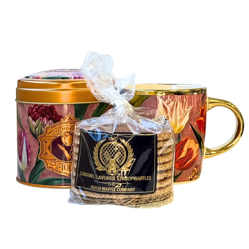 Dutch Stroopwafel Gift Set, Matching Mug & Tin with 8 Classic Stroopwafels