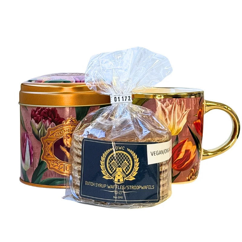 Dutch Stroopwafel Gift Set, Matching Mug & Tin with 8 Vegan Stroopwafels