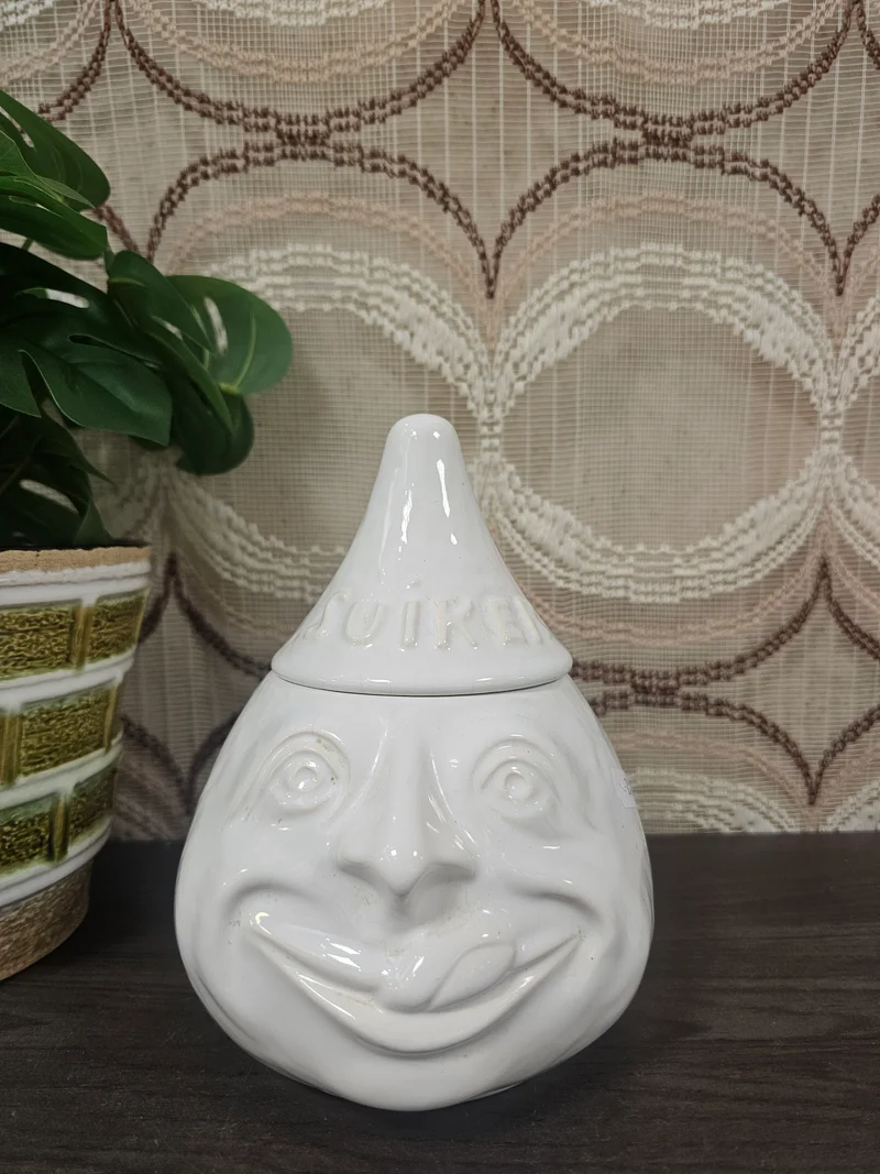 Vintage keramiek suikerpot met gezicht wit