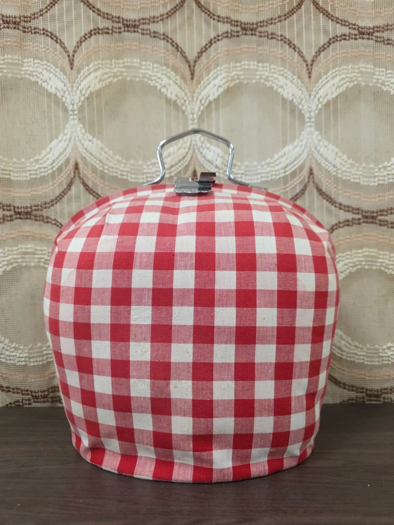 Vintage theebeurs met knip – rood wit geblokt