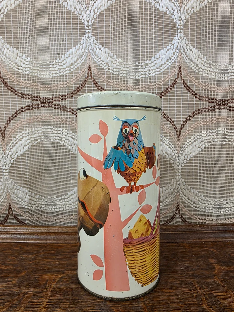 Vintage Bolletje Fabeltjeskrant blik – Meneer de Uil, Stoffel & Droes