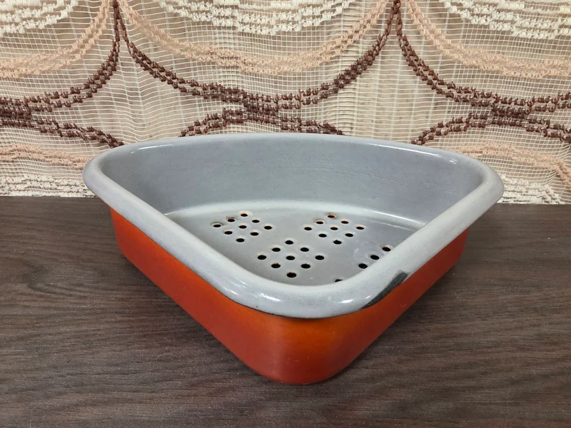 Vintage emaille gootsteenbakje oranje - grijs