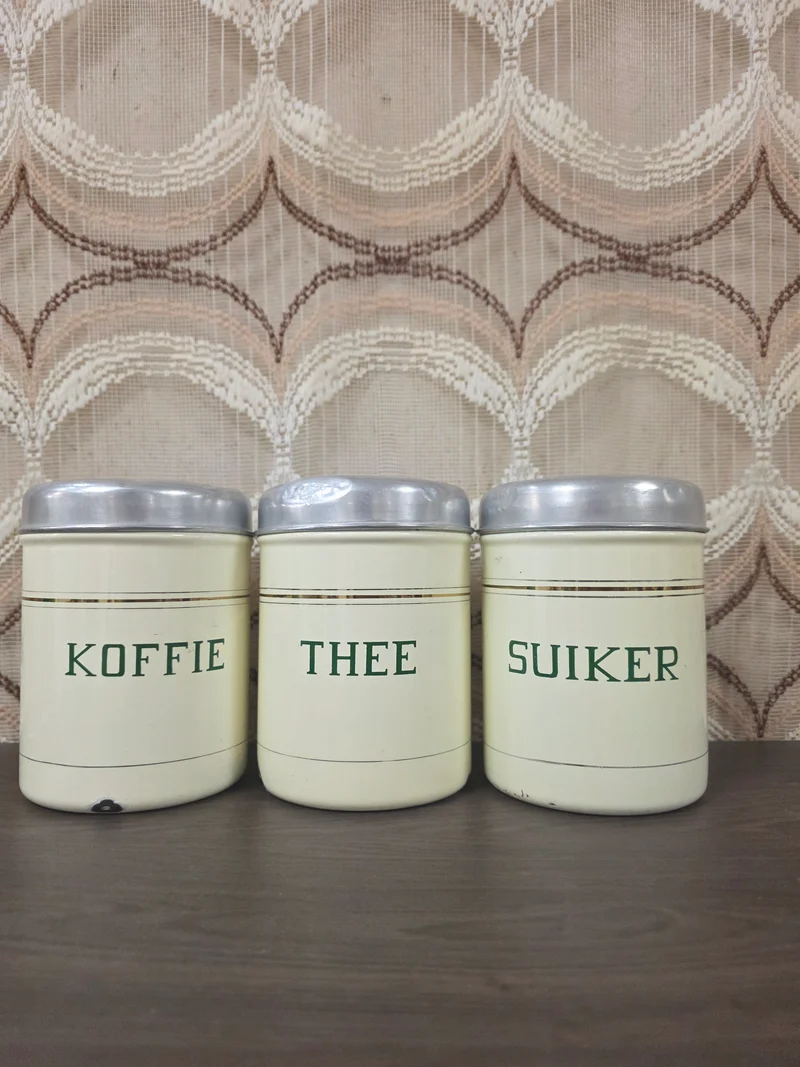 Vintage emaille voorraadbussen Koffie Thee Suiker