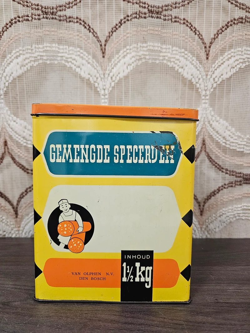 Vintage kruidenblik Van Olphen gemengde specerijen, Den Bosch