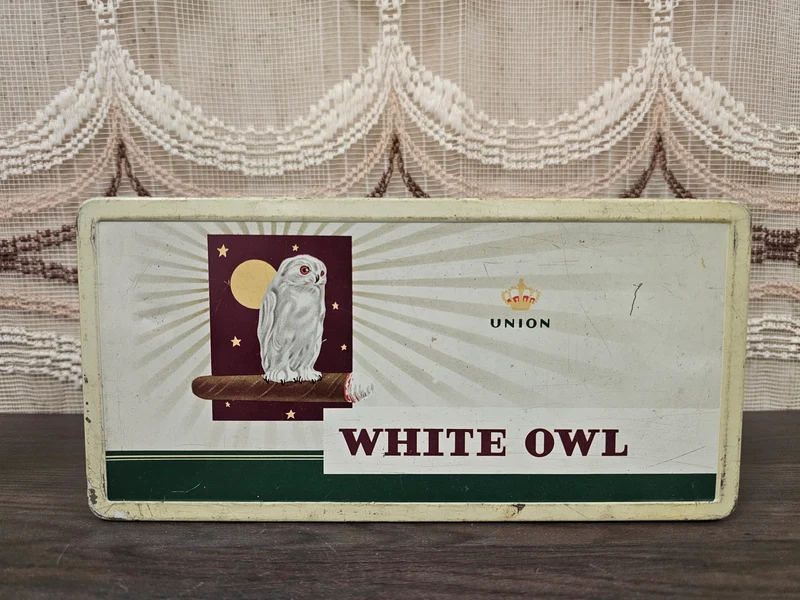 Vintage sigarenblik White Owl La Bolsa Kampen, jaren '50-'70