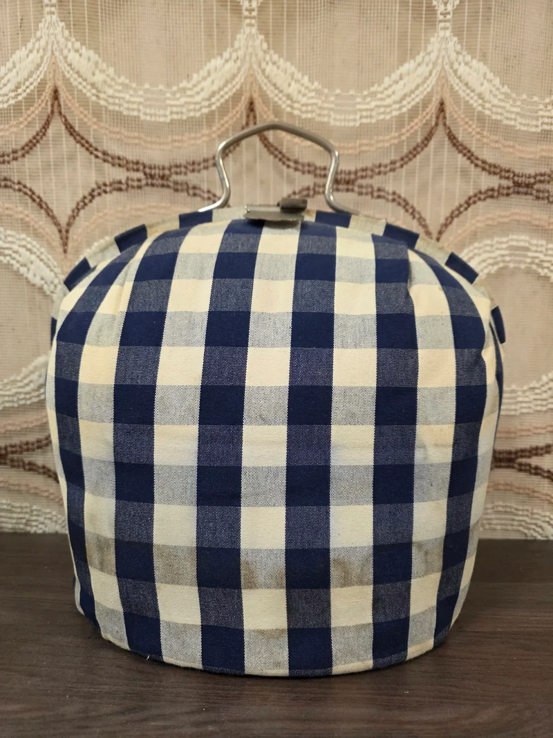 Douwe Egberts theebeurs blauw wit geblokt vintage