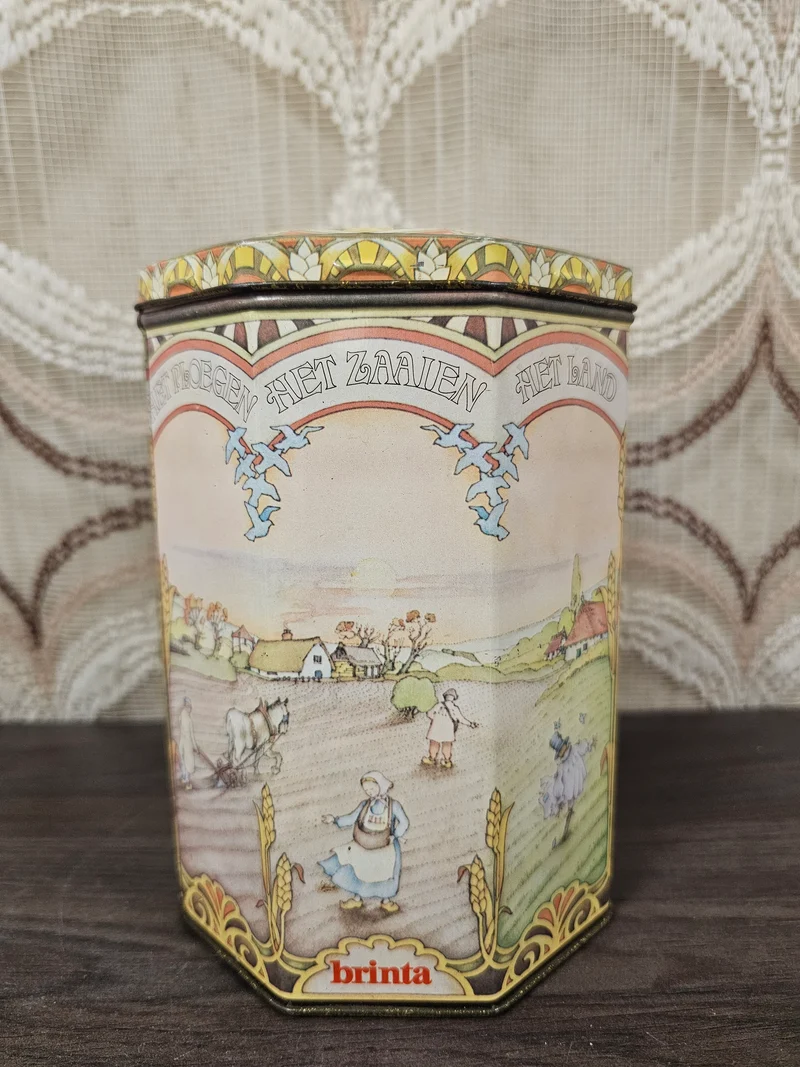 Vintage Brinta blik zeshoekige voorraadbus 17 cm