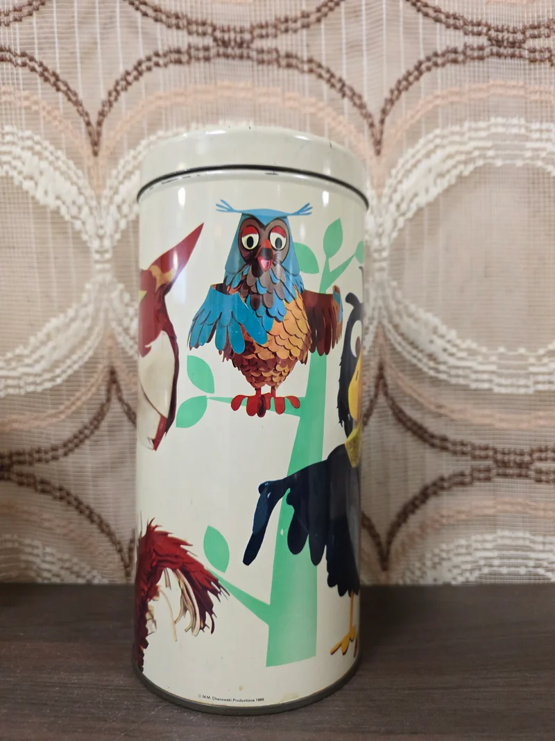 Vintage blik Fabeltjeskrant Bolletje Uil Raaf Vos jaren 60 70