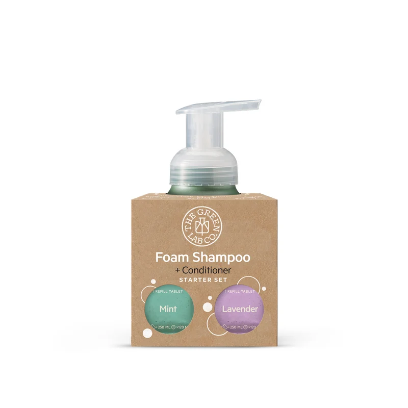 The Green Lab Co. Starter Set Schuimende Shampoo Tabletten 2x - Lavender & Munt + Gouden Forever Bottle 3 stuks