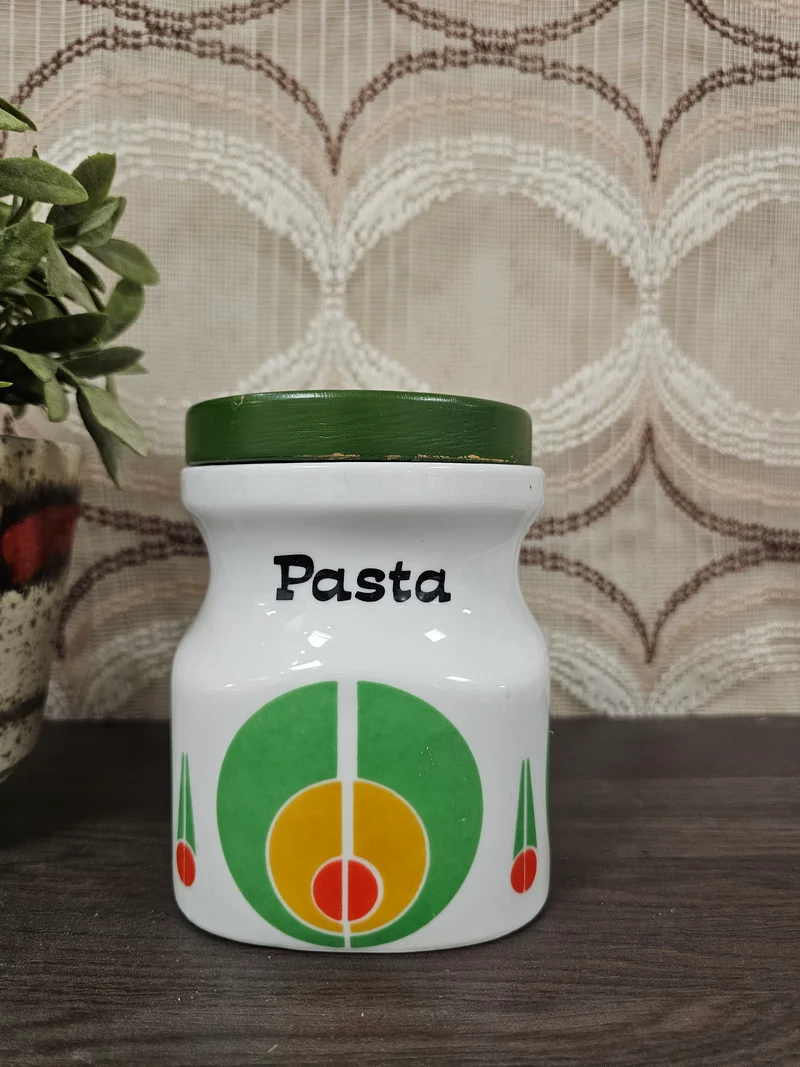 Vintage keramieken pot met houten deksel jaren ’70 keukenpot (15 cm)