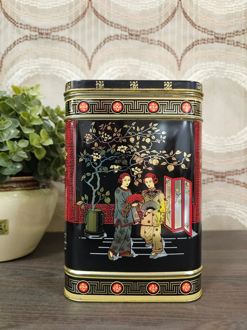 Vintage theeblik zwart, rood en goud 19x12,5x12,5 cm