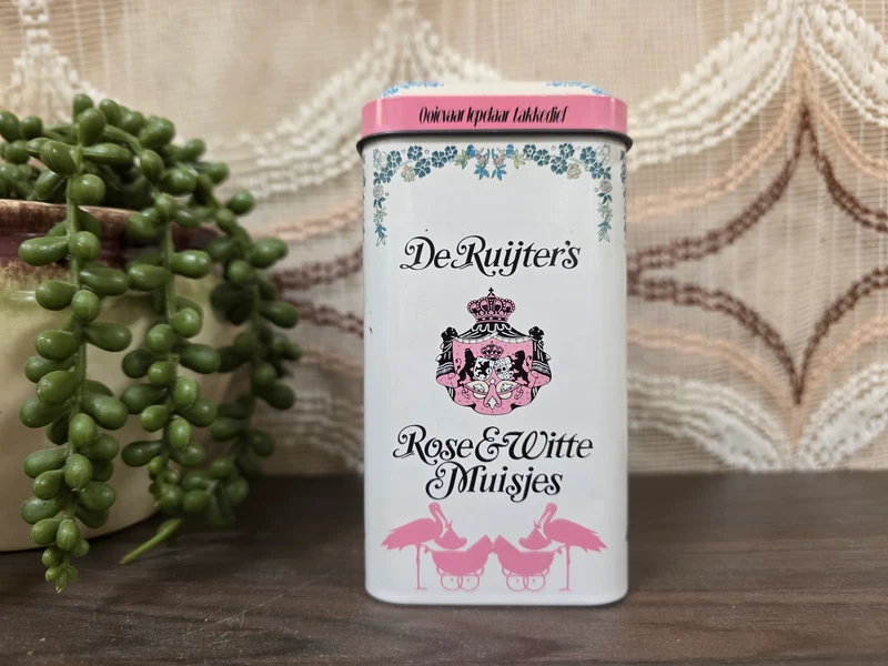Vintage blik De Ruijter rose & witte muisjes