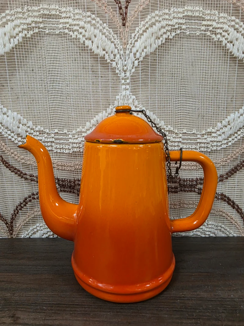 Vintage emaille koffiepot oranje 16,5 cm