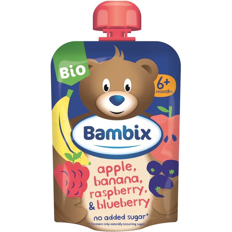 Bambix Knijpzakje Appel, Banaan, Framboos & Blauwe Bes Bio 6M+ 100 gram