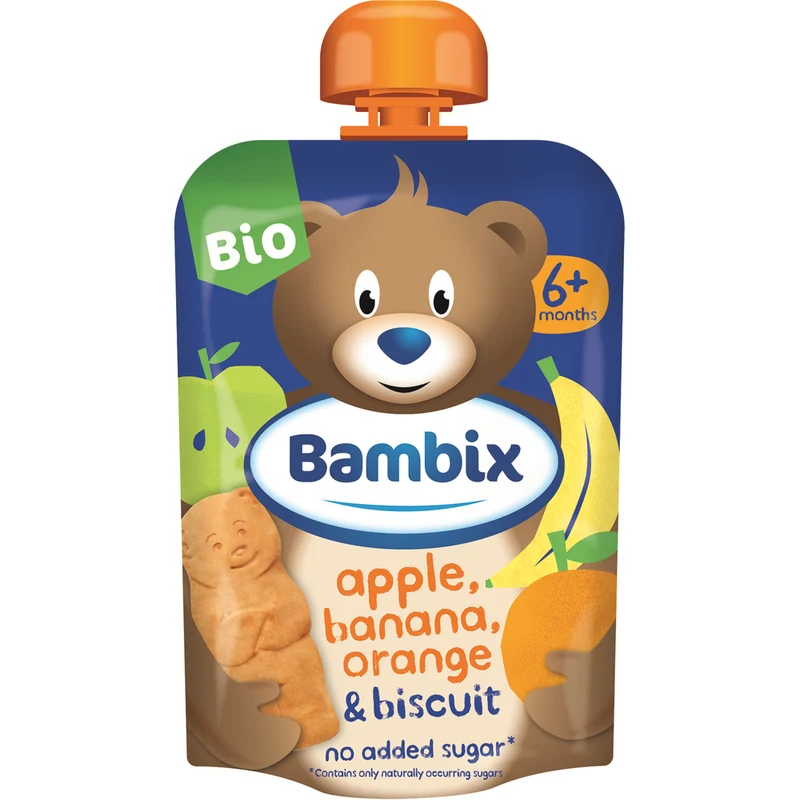 Bambix Knijpzakje Appel, Banaan, Sinaasappel & Koekjes Bio 6M+ 100 gram