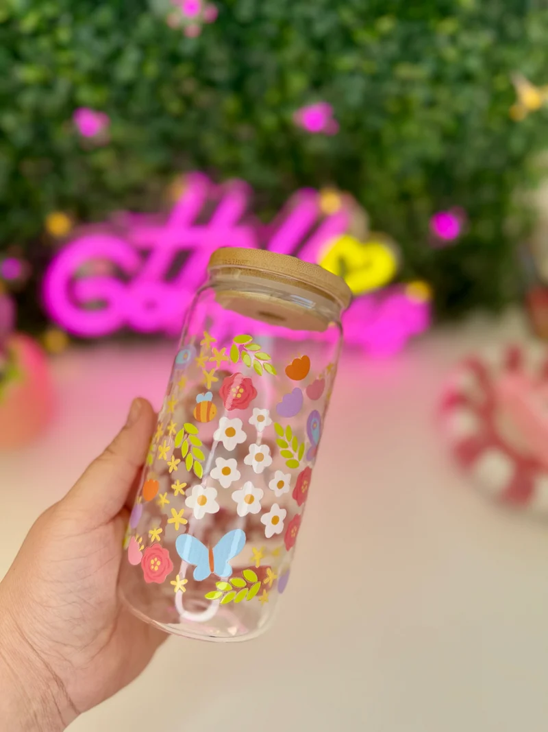 Drinkglas met rietje | Butterfly garden