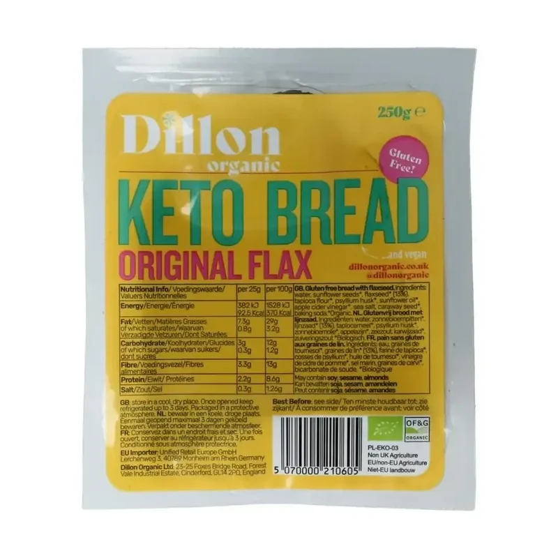 Dillon Organic Keto bread original flax glutenvrij dem biologisch 250 gram