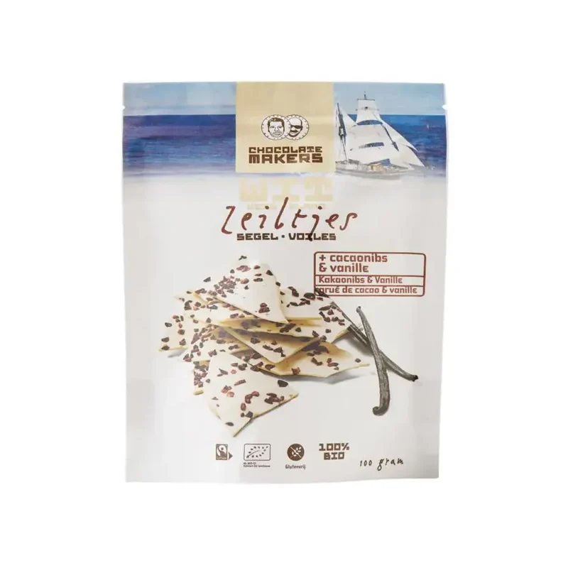 Chocolatemakers Bio chocozeiltjes wit vanille met cacaonibs 100 gram