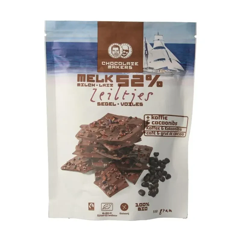 Chocolatemakers Chocozeiltjes donkere melk 52% koffie & nibs 100 gram