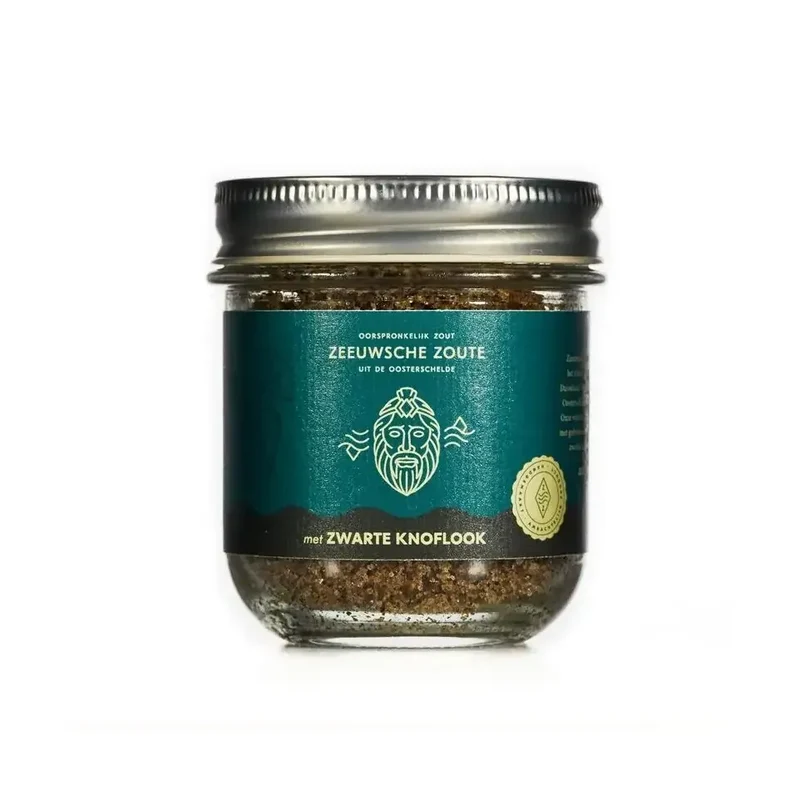Zeeuwsche Zoute Zout met zwarte knoflook glazen pot biologisch 100 gram