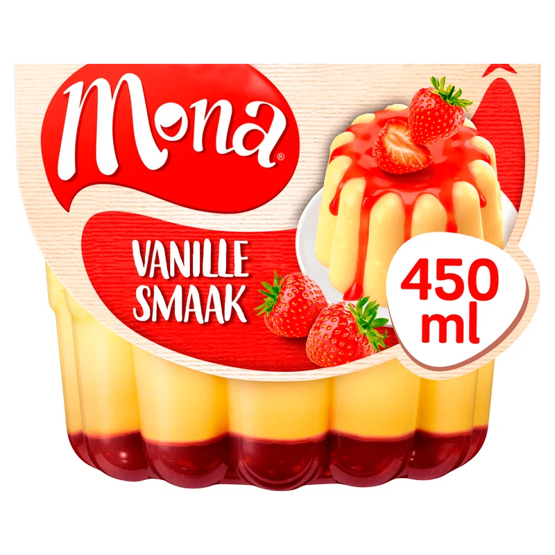 Mona Vanillepudding met aardbeiensaus