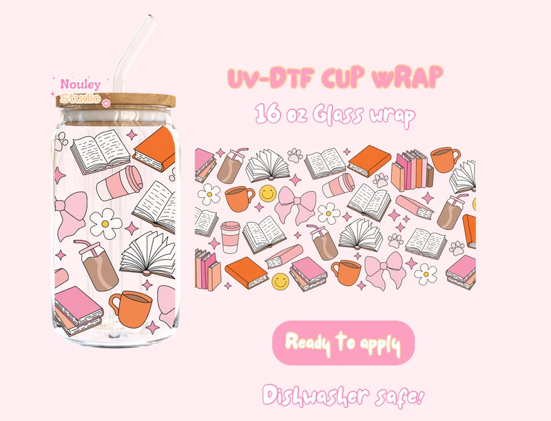 UV-DTF Cup wrap | Pink Orange book lover