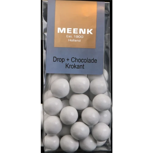 Meenk drop + chocolade krokant 150 gr.